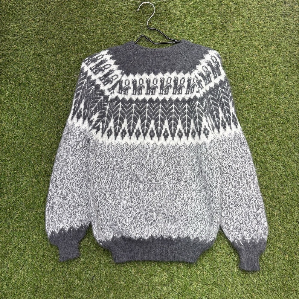 Vintage Alpaca Wool Sweater Mens Small Slim Fit Fair Isle Knit Soft Crew AOP